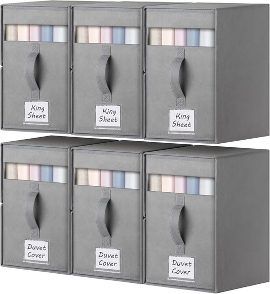 6 Pack Large Bed Sheet Organizers and Storage, (King & Queen Size) Sheet Organizer for Linen Closet, Foldable Bedding Storage Box with Window for Bedsheets, Blanket, Duvet Cover Grey