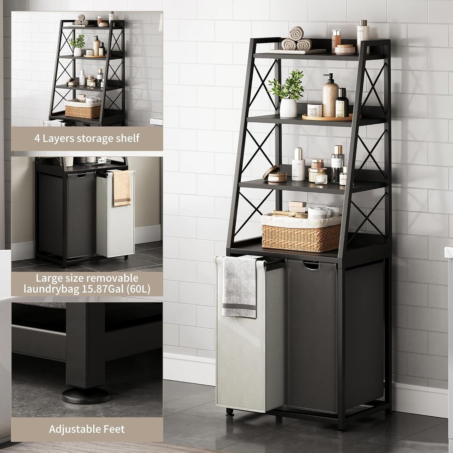 Laundry Basket, 2 Section Laundry Hamper with 4 Tiers Shelf, Pull-Out and Removable Laundry Bags, Large 2 x 15.87 Gallons, for Bedroom Bathroom Black PF11XLK