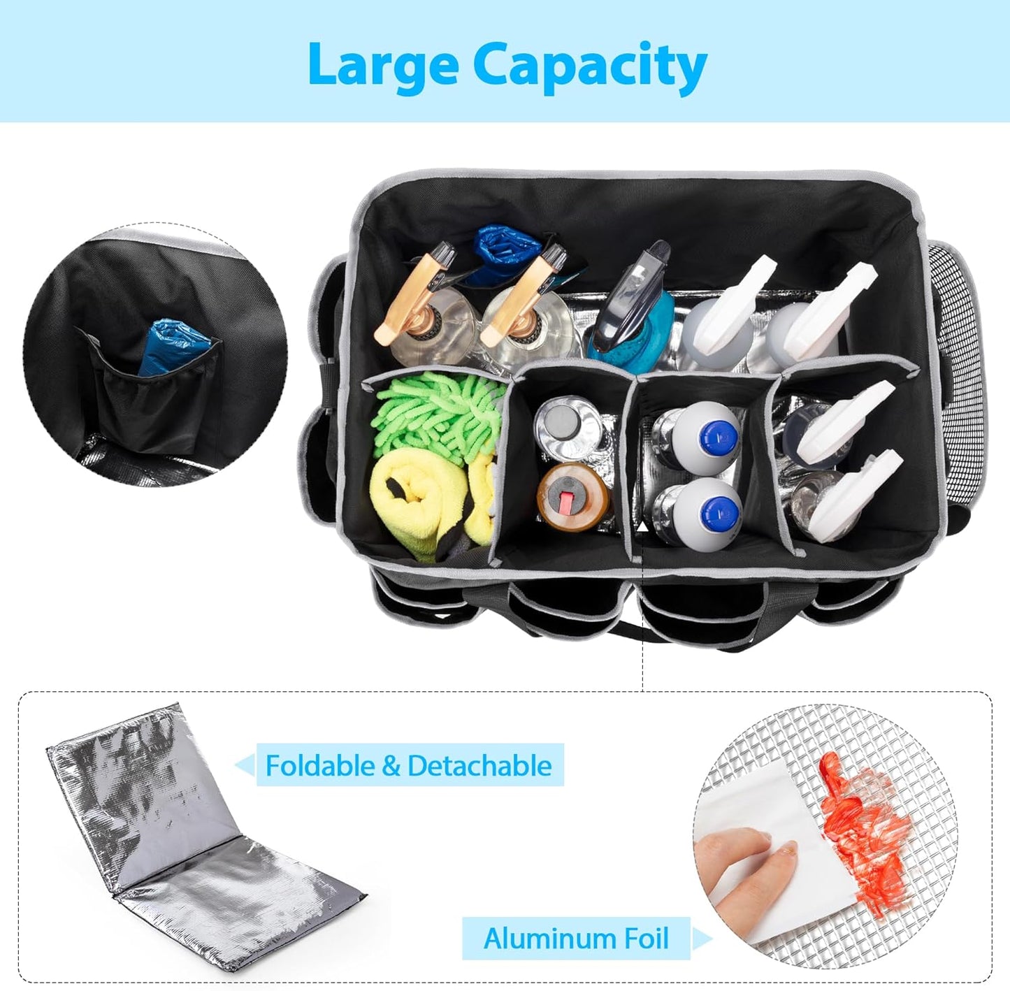 Extra-Large Wearable Cleaning Caddy, Organizer Bag for Products, Housekeeper Tote With Pad, Handle & Divider, Car Wash Tools Bag for Detailing Supplies, Gray Edge