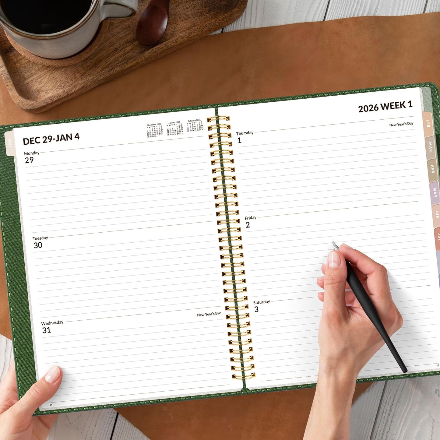 SUNEE 2026 Weekly & Monthly Planner 9"x11.2"- 12 Month (January 2026 - December 2026), Vegan Leather Cover, Pocket, Bookmark, Notes, Monthly Tab, Deep Green