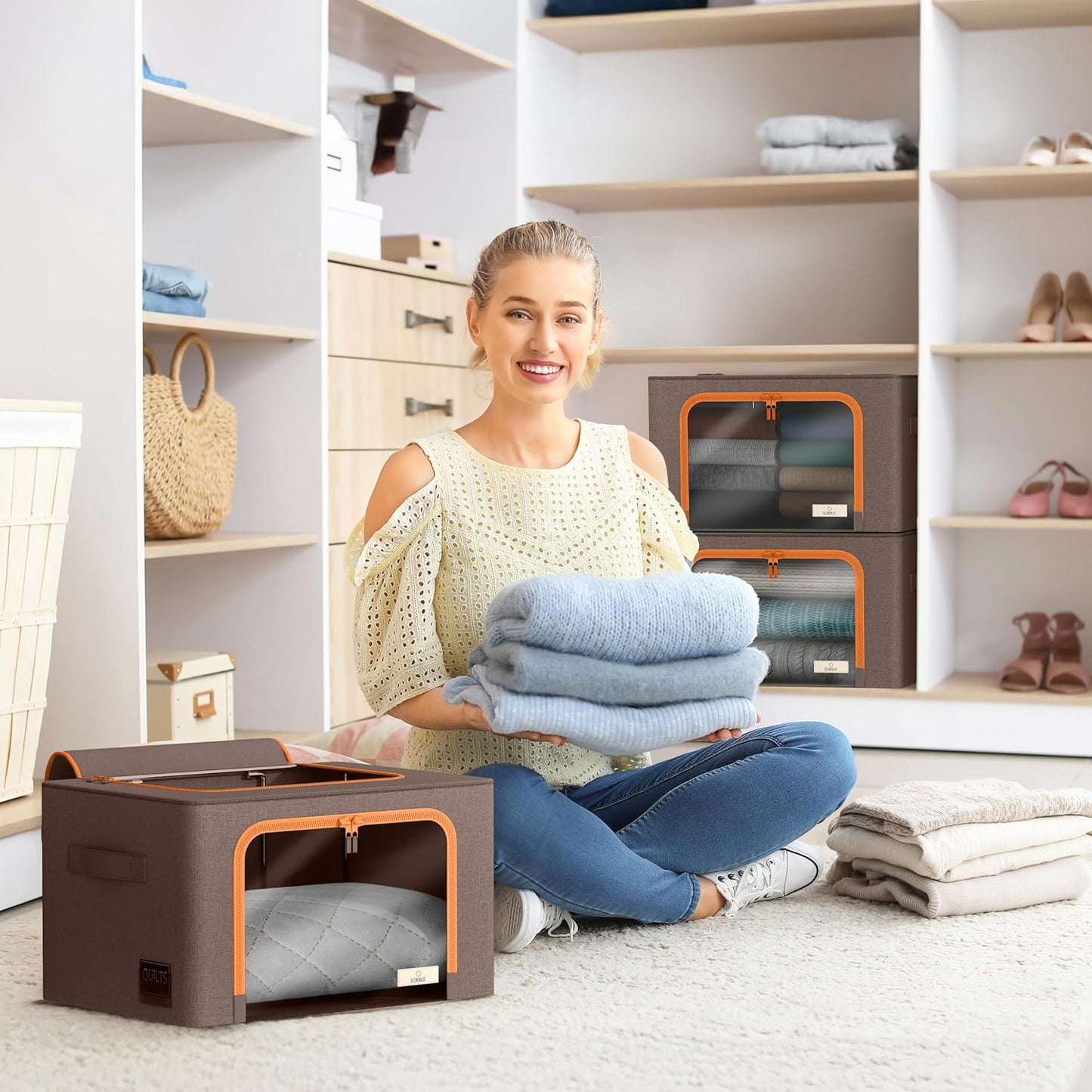 Sorbus Storage Bins with Metal Frame - Stackable & Foldable Clothes Organizer Bags - Oxford Fabric Storage Containers with Large Clear Window & Carry Handles Organization for Bedding Linen & Clothing