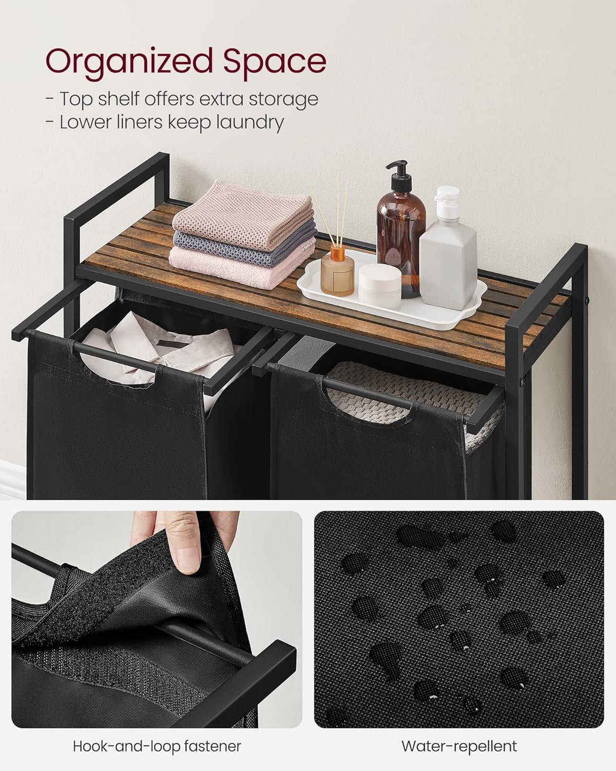 VASAGLE Laundry Hamper, Laundry Basket, Laundry Sorter with 2 Pull-Out and Removable Bags, Shelf, Metal Frame, 2 x 12.1 Gallons (46 L), 28.8 x 13 x 28.4 Inches, Ink Black and Rustic Brown UBLH201B01