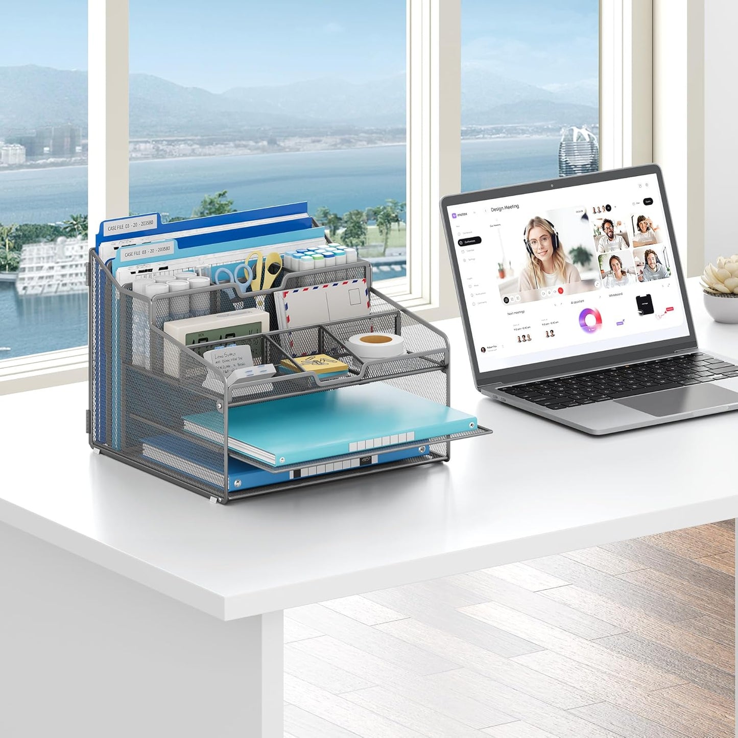 Lavatino Desk Paper File Organizer - Metal Mesh with 2 Letter Trays, 7 Flexible Dividers, 2 Vertical File Folder Holders for Office/Home/Classroom Supplies, Desk Organizers and Accessories, Silver