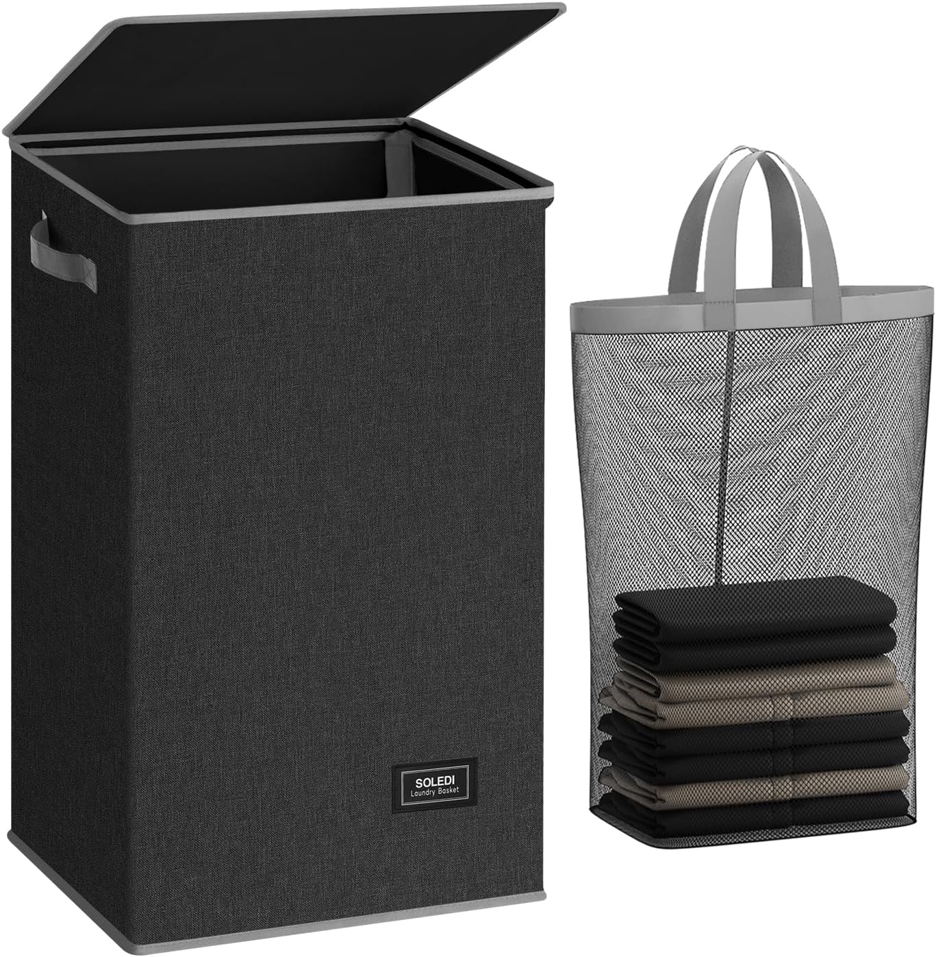 SOLEDI Laundry Hamper with Lid 90L Large & Tall Collapsible Laundry Basket, Clothes Hamper with Bag Removable Easy to Carry, Dirty Hampers for Bedroom, Bathroom, Dorm, College, Dark Grey