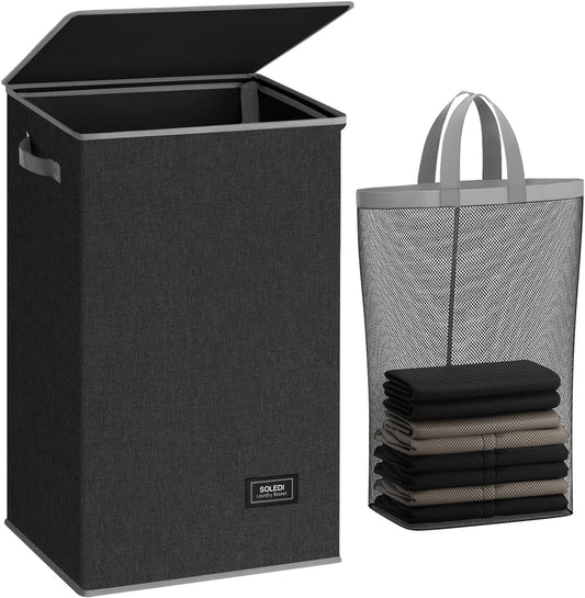 SOLEDI Laundry Hamper with Lid 90L Large & Tall Collapsible Laundry Basket, Clothes Hamper with Bag Removable Easy to Carry, Dirty Hampers for Bedroom, Bathroom, Dorm, College, Dark Grey