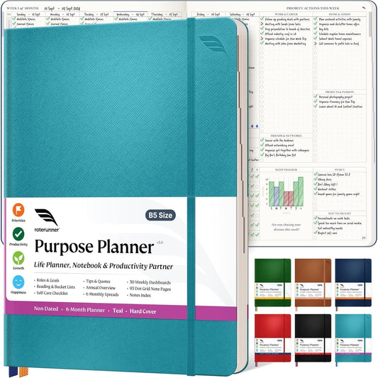 Purpose Planner Notebook B5 Hardcover 7.5”x9.8”- Teal Undated Daily, Weekly, and Monthly 2026 - Productivity & Goal Setting Tool for Work, Home, and Self-Care - ADHD & Journal for Adults