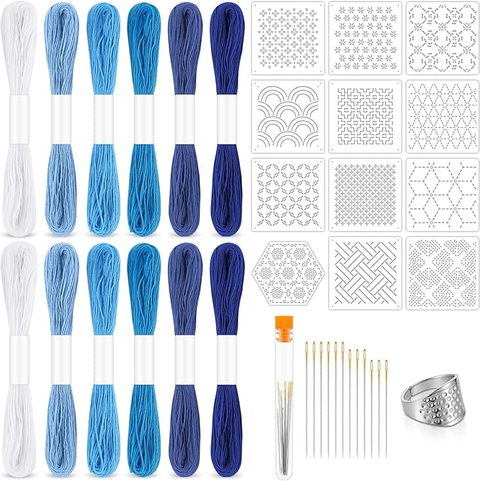 37 Pcs Sashiko Thread Kit Sashiko Needles Cotton Thimble Sashiko Patterns Embroidery Projects for Sewing Hand Quilting Mending Supplies