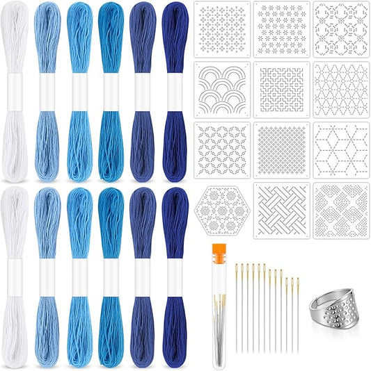 37 Pcs Sashiko Thread Kit Sashiko Needles Cotton Thimble Sashiko Patterns Embroidery Projects for Sewing Hand Quilting Mending Supplies