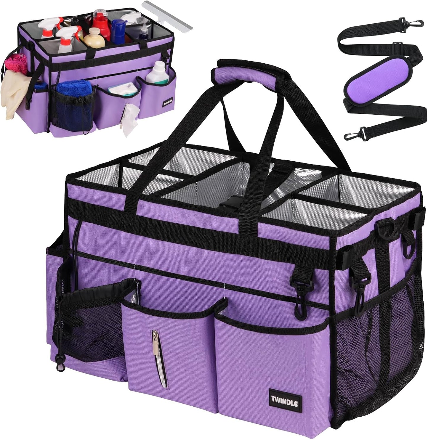 Extra-Large Cleaning Caddy With Detachable Divider And Support Board, Large Cleaning Supply Caddy With Adjustable Shoulder Strap & Waist Belt For Cleaners,Housekeepers