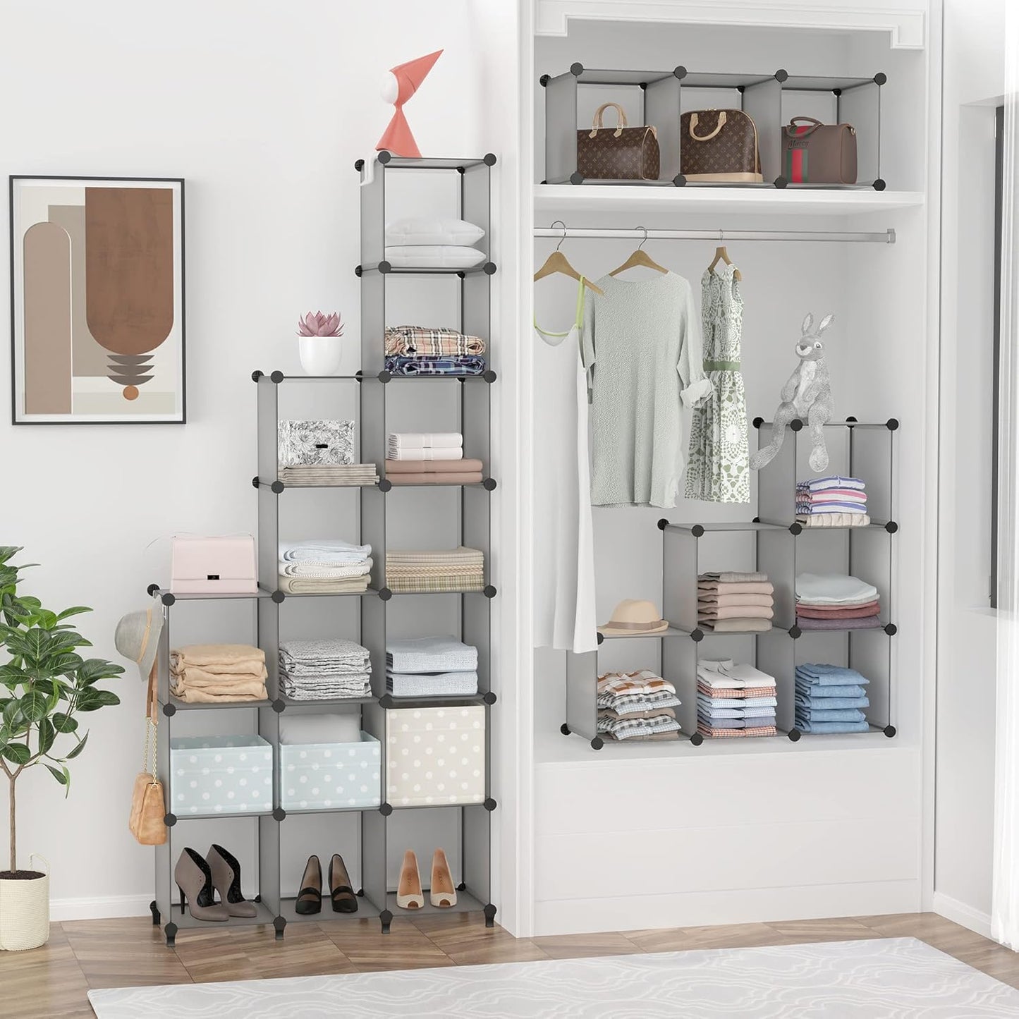 HOMIDEC Closet Organizers and Storage, 16 Cube Storage Organizer, Portable Closet Organizer Cubes Shelves for Clothes, Bedroom, Wardrobe, Kids Room, Bathroom, Grey