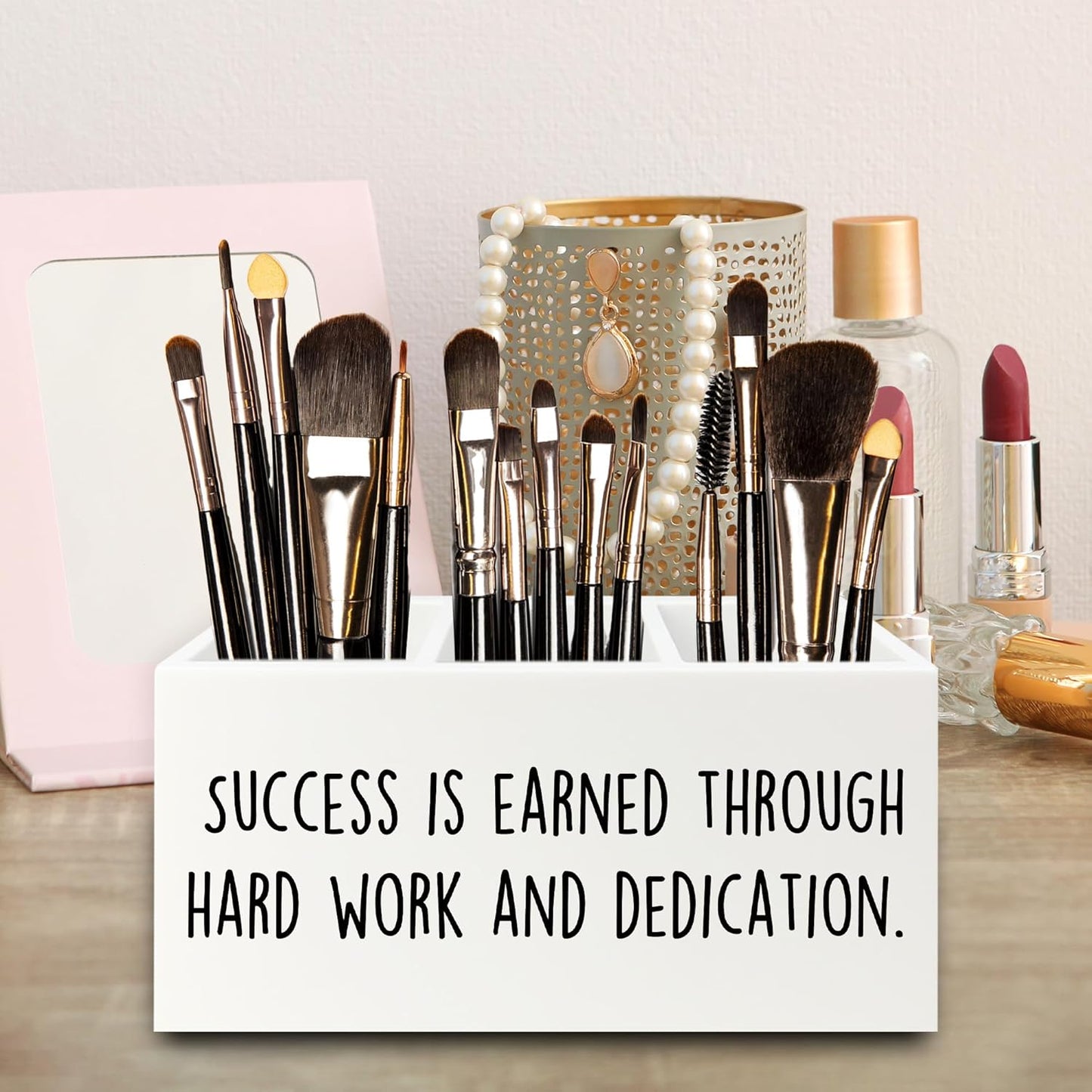 Motivational Gifts Pen Pencil Holder Organizer for Desk, Success Is Earned Through Hard Work and Dedication Inspirational Wooden Box Signs Decorations for Home Office Desk Tabletop