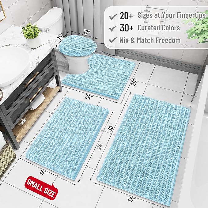 Arotive Luxury Chenille Bathroom Rug Mat, Extra Soft Thick Absorbent Shaggy Bath Rugs, Non-Slip Machine Wash Dry, Plush Bath Mats for Bathroom, Shower and Tub, 40x32, Blue