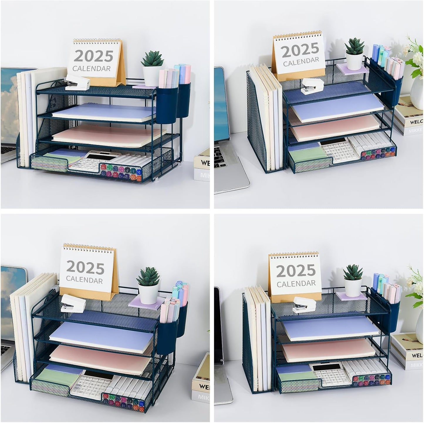 Desk Organizer and Accessories, 4-Tier Desktop File Organizer with Drawer and 2 Pen Holders, Office Desk Accessories, File Sorters, Workspace Organizers for Office Supplies(Dark Blue)
