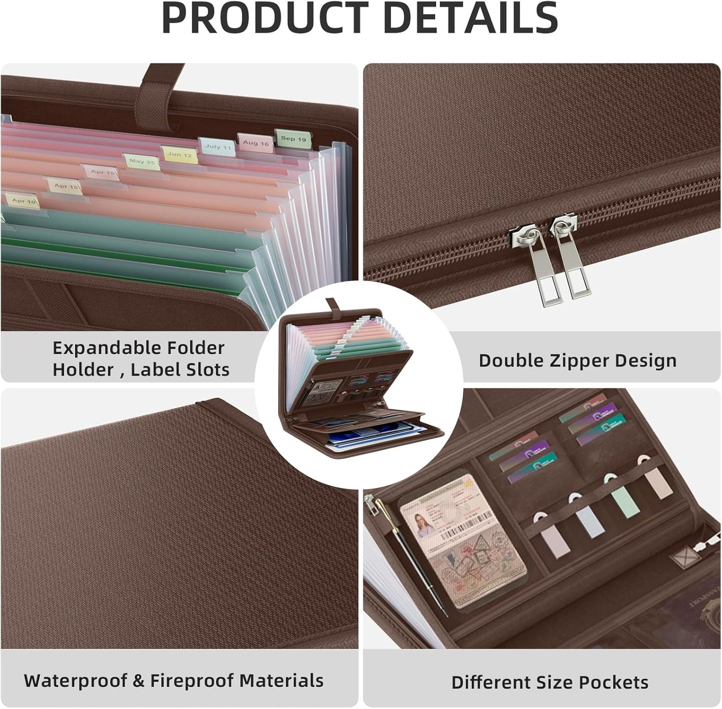 Fireproof Accordion File Organizer, Portable Expanding File Folder with Waterproof Zipper&Labels, Brown Document Organizer with 13 Pockets, File Organizer for Important Document/Paper Storage