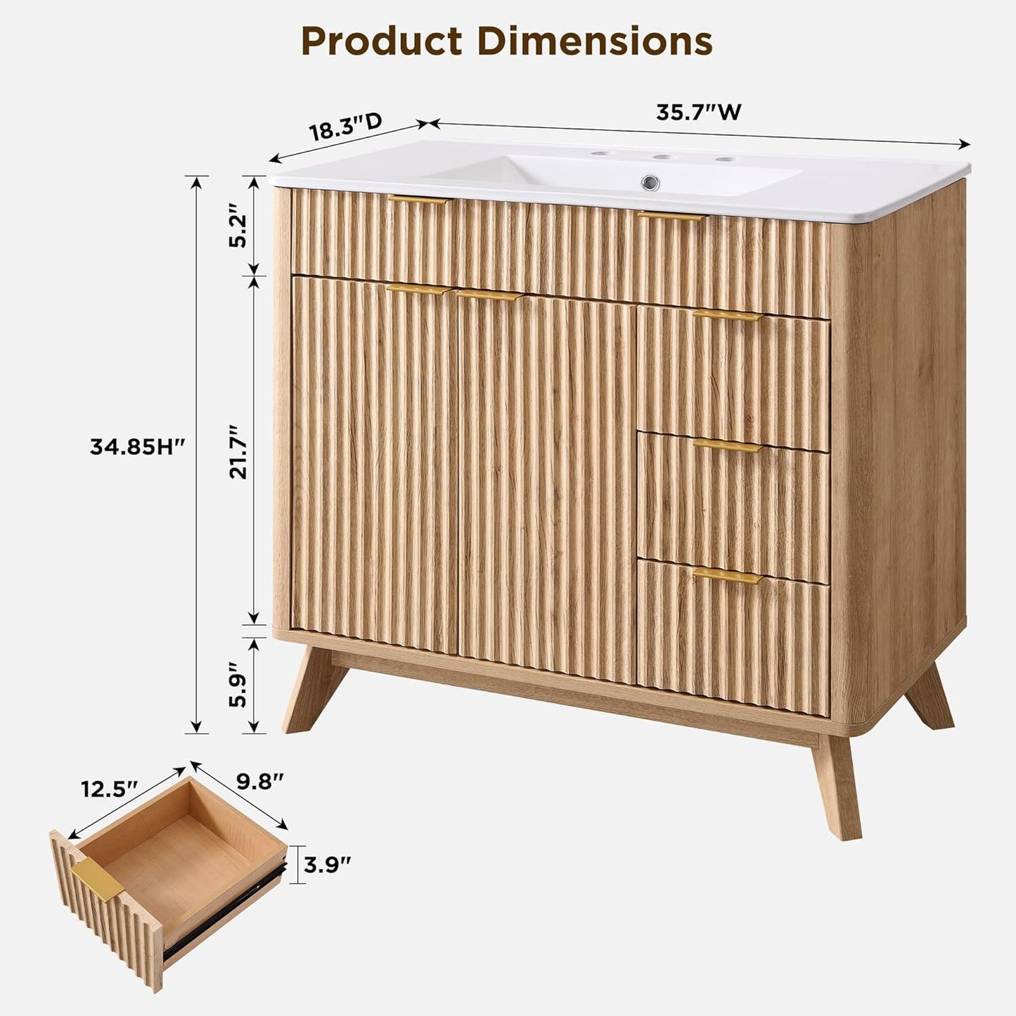 T4TREAM 36" Fluted Bathroom Vanity with Ceramic Sink Combo，Freestanding Modern Bathroom Storage Vanity Cabinet with 2 Soft Closing Doors & 3 Drawers，Wood Grain Texture，Metal Handle，Natural Oak
