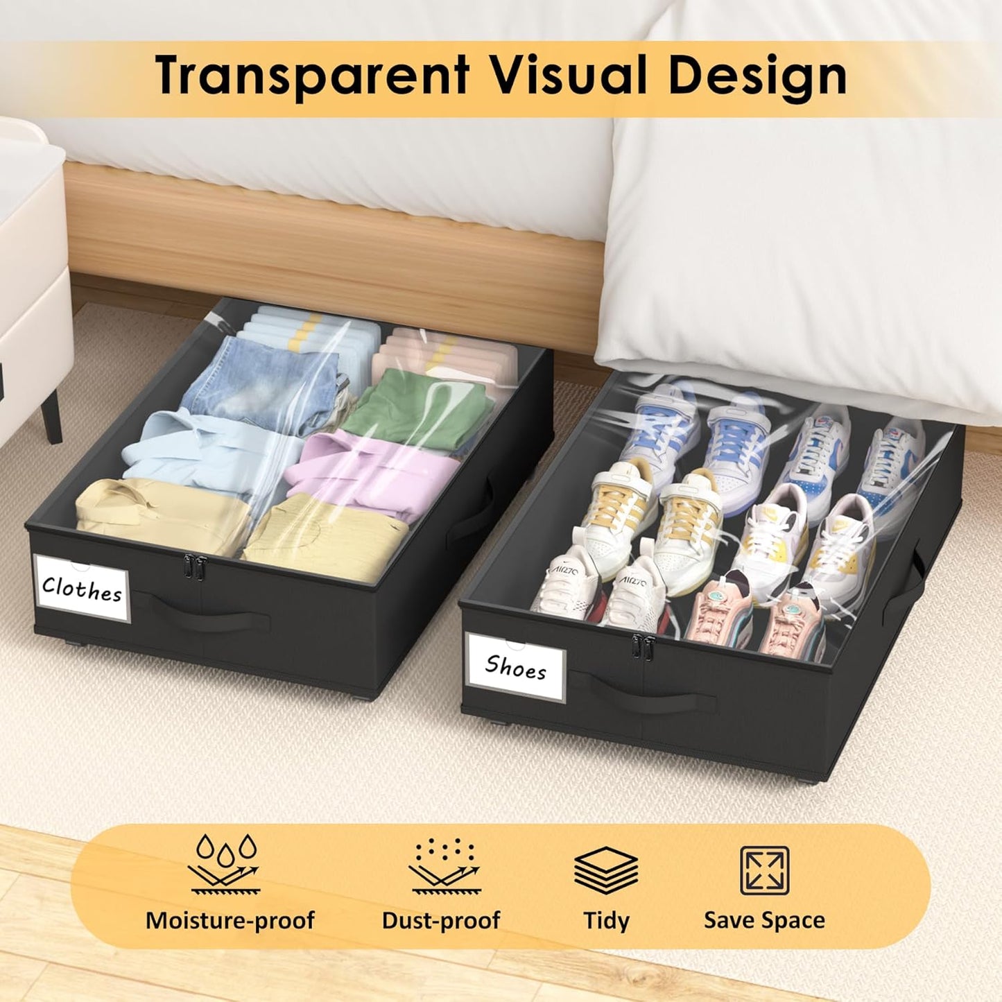 Under Bed Storage with Wheels, 2-Pack Under Bed Storage Containers with Clear Lid and Handles, Rolling Underbed Storage Drawers Organizer for Clothes,Shoes,Toys, Books (Black)