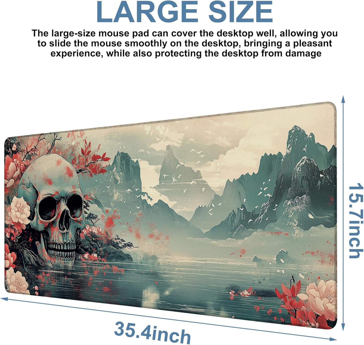 Gaming Desk Pad Large Extra Length Evil-Looking Skull Mouse Pad Keyboard Laptop Non-Slip Waterproof with Rubber Base Thick Stitched Edge Mouse Mat for Office Home 35.4 x 15.7 Inches