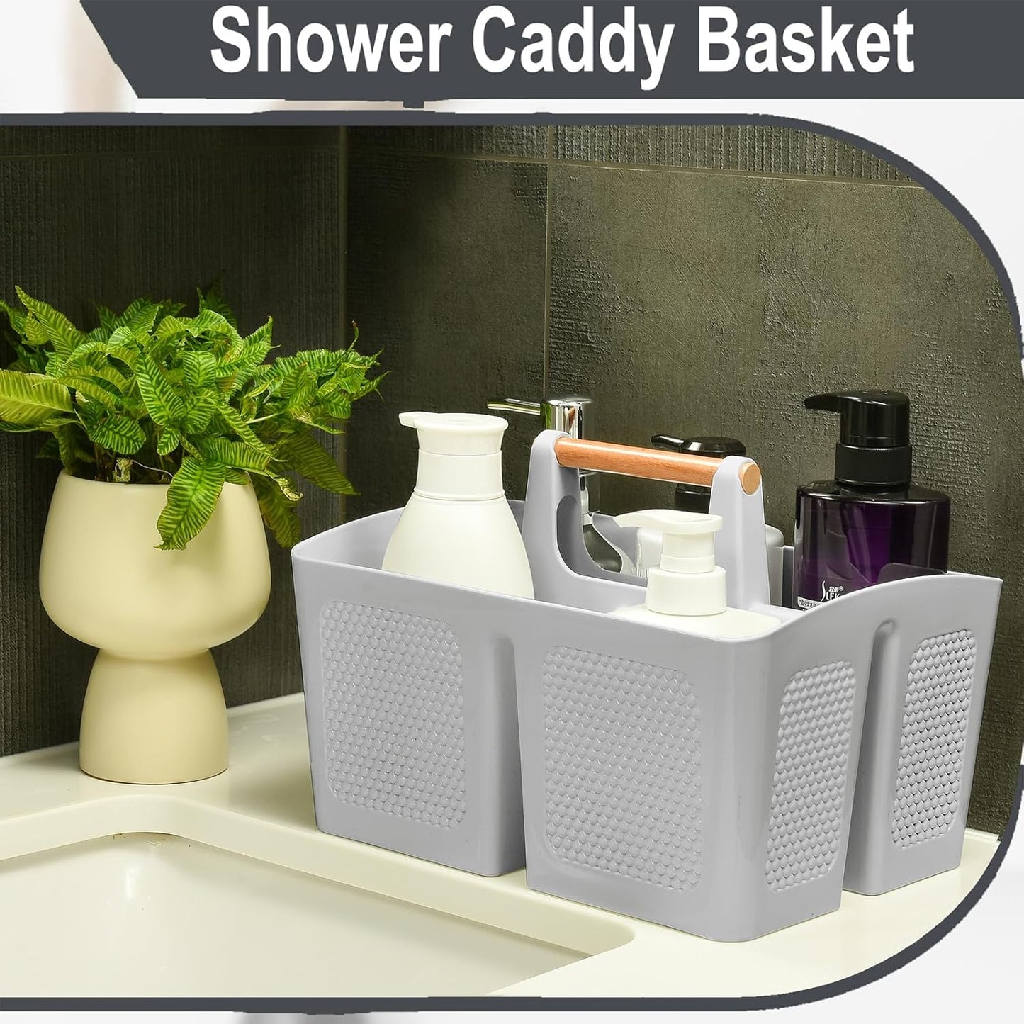 Haundry Plastic Light Gray Shower Caddy Basket with 3 Compartments, Portable Divided Bathroom Cleaning Caddy Organizer Storage Tote with Handle for Dorm, College, Room Essentials