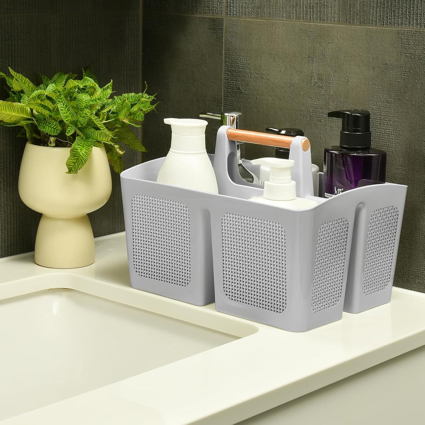 ALINK Portable Shower Caddy Basket with Compartments, Plastic Divided Cleaning Caddy Organizer Storage Tote with Handle for Bathroom, College, Dorm Room Essentials, Light Gray