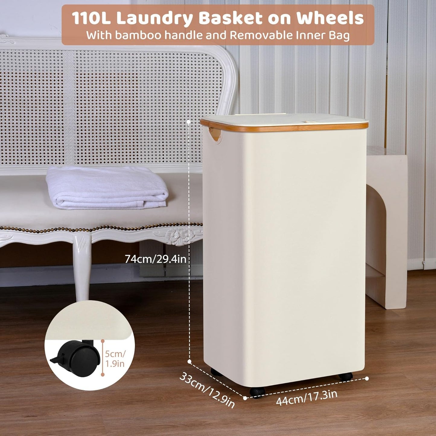 Laundry Basket with Wheels, 110L Clothes Hamper for Laundry, Laundry Hamper with Lid and Inner Bag, for Laundry Room, Bedroom, Dormitory Storage,Pink