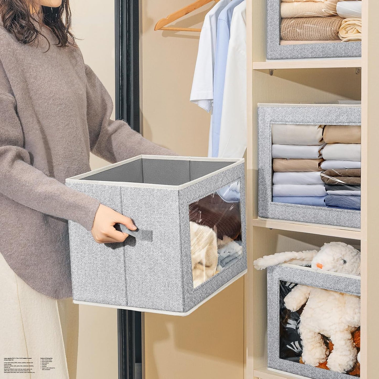 Stackable Storage Bins with Lids - Medium Storage Box with Lids, Foldable Closet Boxes for Organizing, Wardrobe Clothes Organizer with Window, Cubes Bins for Living Room, 5 Pack, Blended