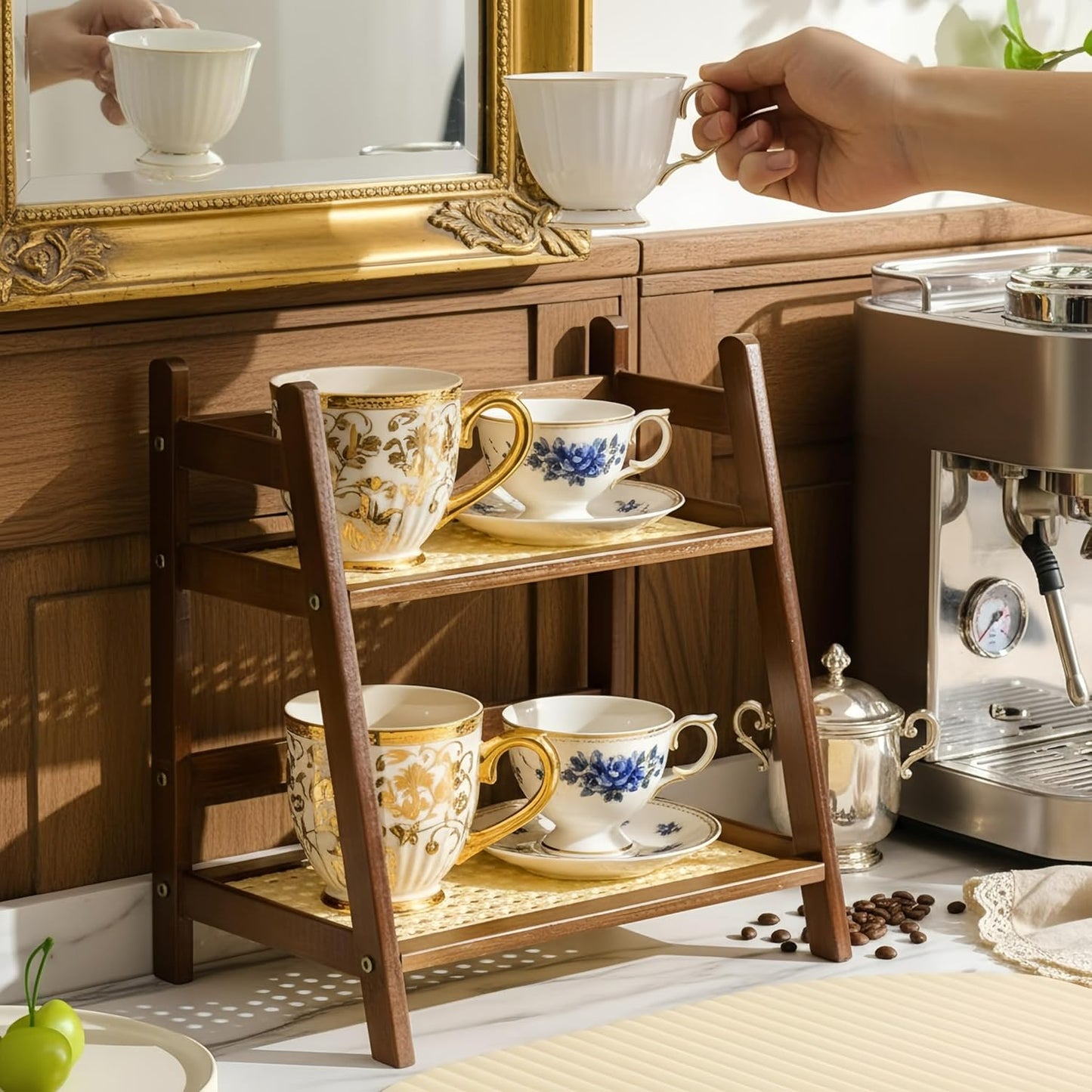 Narrow Mug Holder Countertop, 2 Tier Wicker-Look Tea and Coffee Bar Station Organizer, Bamboo Matcha Stand, Cup Display Shelf, Condiment Storage Rack for Kitchen Counter Cabinet, Brown