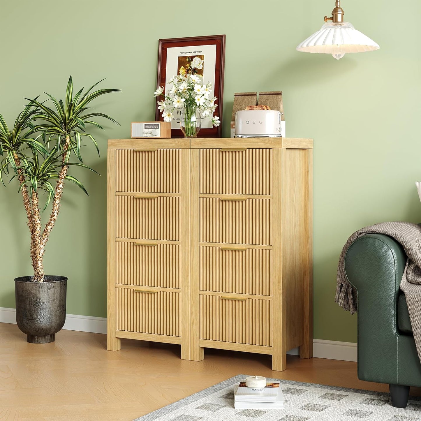 Mid-Century Modern Tall Wooden Dresser with 8 Spacious Drawers, Entryway Storage Chest with Smooth Metal Handles, Bedroom Clothes Organizer for Entryway, Office, and Small Spaces, Natural X2