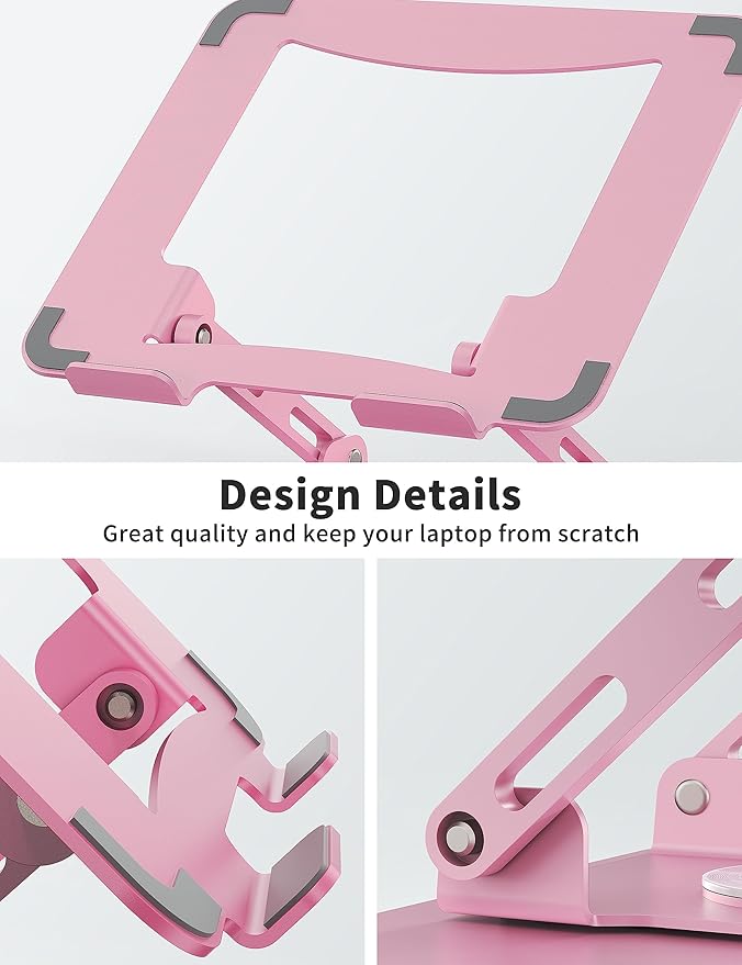 SOUNDANCE Laptop Stand with 360° Rotating Base, Ergonomic Computer Riser for Desk, Adjutable Height Muti-Angle, Foldable Laptop Mount, Stable Metal Holder Support 10-15.6" Notebook PC, Pink