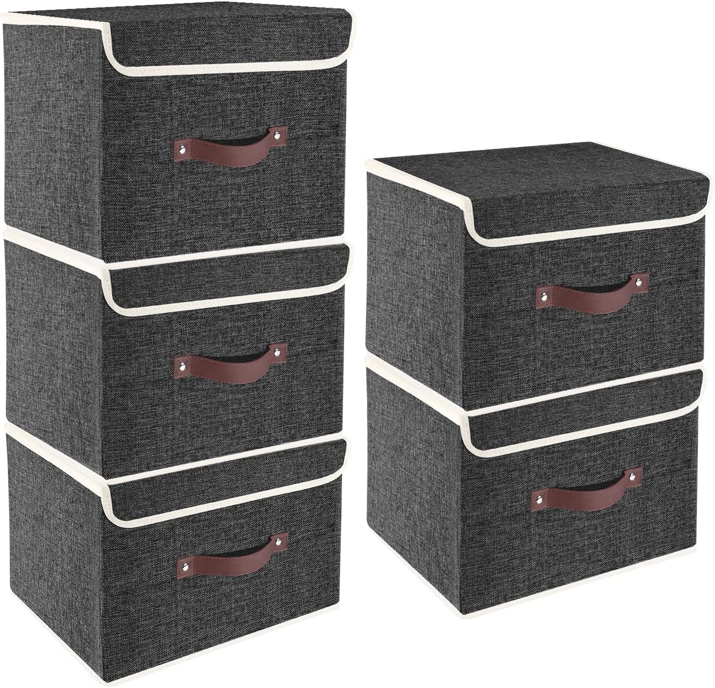 TYEERS Foldable Storage Boxes with Lids 5 Pack Fabric Storage Bins with Lids, Closet Organizers for Clothes Storage, Room Organization, Office Storage, Toys - Black