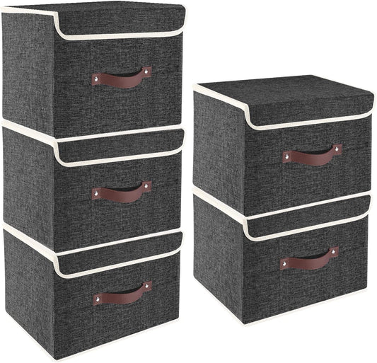 TYEERS Foldable Storage Boxes with Lids 5 Pack Fabric Storage Bins with Lids, Closet Organizers for Clothes Storage, Room Organization, Office Storage, Toys - Black