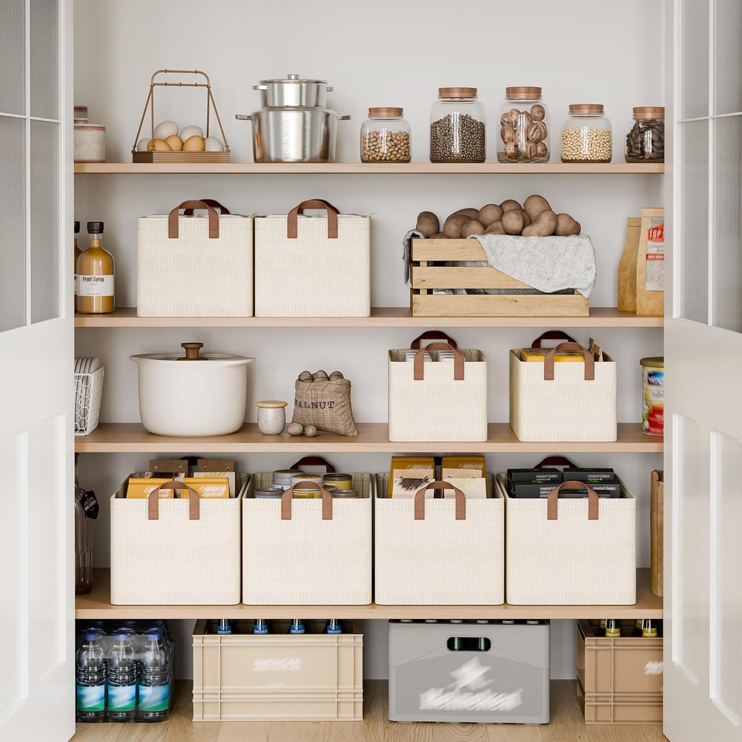 StorageWorks Storage Bins, Shelves Baskets for Organizing, Fabric Closet Organizers with Handles, Metal Frame, Beige（Texture）, 2-Pack