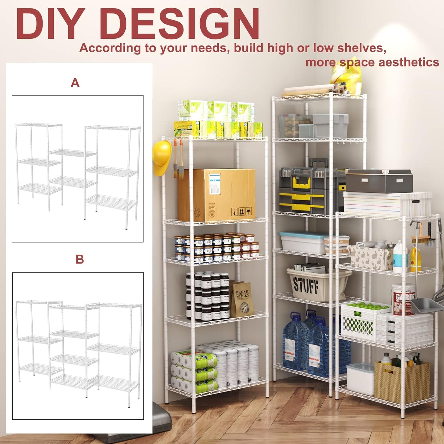 HOMEFORT 4-Shelving Unit, Adjustable Wire Shelving, Metal Wire Shelf Rack Organizer for Kitchen, Pantry, Closet, Bathroom, Laundry, White,21" W x 11" D x 41" H
