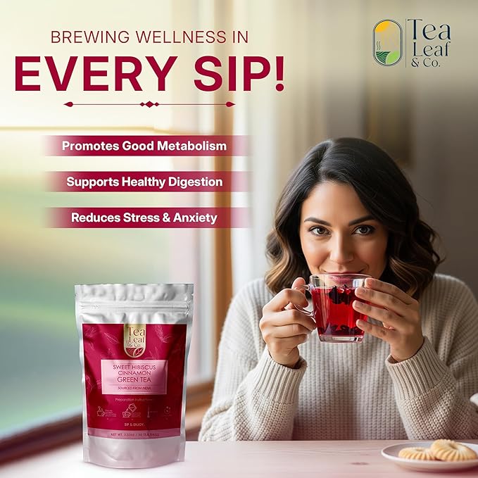 Sweet Hibiscus Cinnamon Green Tea Bags (50 Count), Caffeinated, Real and Natural, Blended with Fresh Herbs and Spices, Gluten Free