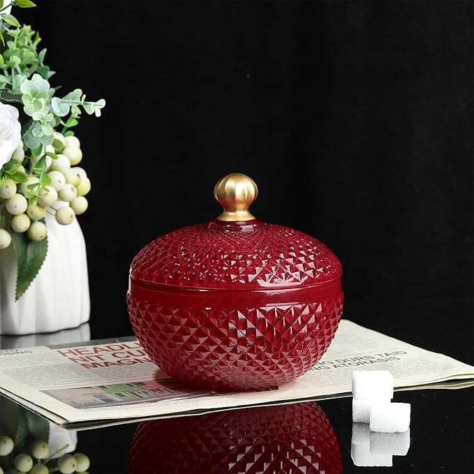 Joeyan 12 oz Small Red Glass Jewelry Box Jars with Lid,Embossed Glass Candy Dishes,Diamond Faceted Food Container,Decorative Apothecary Canisters,Colored Kitchen Bathroom Buffet Storage Organizer