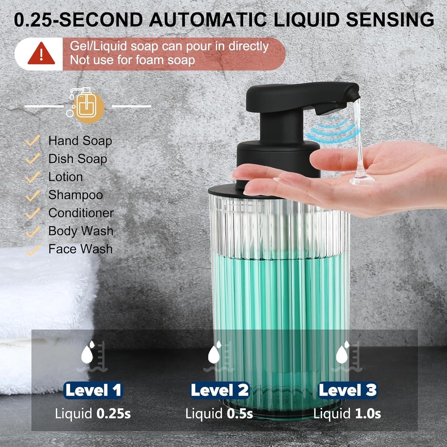 Automatic Soap Dispenser Liquid Touchless: 9oz Black Acrylic - Rechargeable Electric Smart 3 Level Adjustable Auto Hand Soap Dispenser - Dish Bathroom Kitchen
