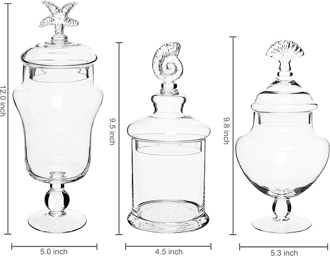 MyGift Clear Glass Apothecary Jars with Lid, Decorative Seashell Design Bathroom Canister, Footed Candy Buffet Containers, Set of 3