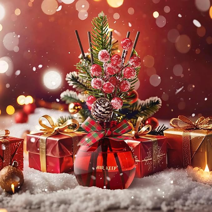 Airkeep Christmas Reed Diffusers Set, 5.07 oz Christmas Spice Scented Diffuser with 8 Sticks,Long Lasting Home Fragrance for Long Days, Perfect for Bathroom, Shelf Decor, Air Fresheners