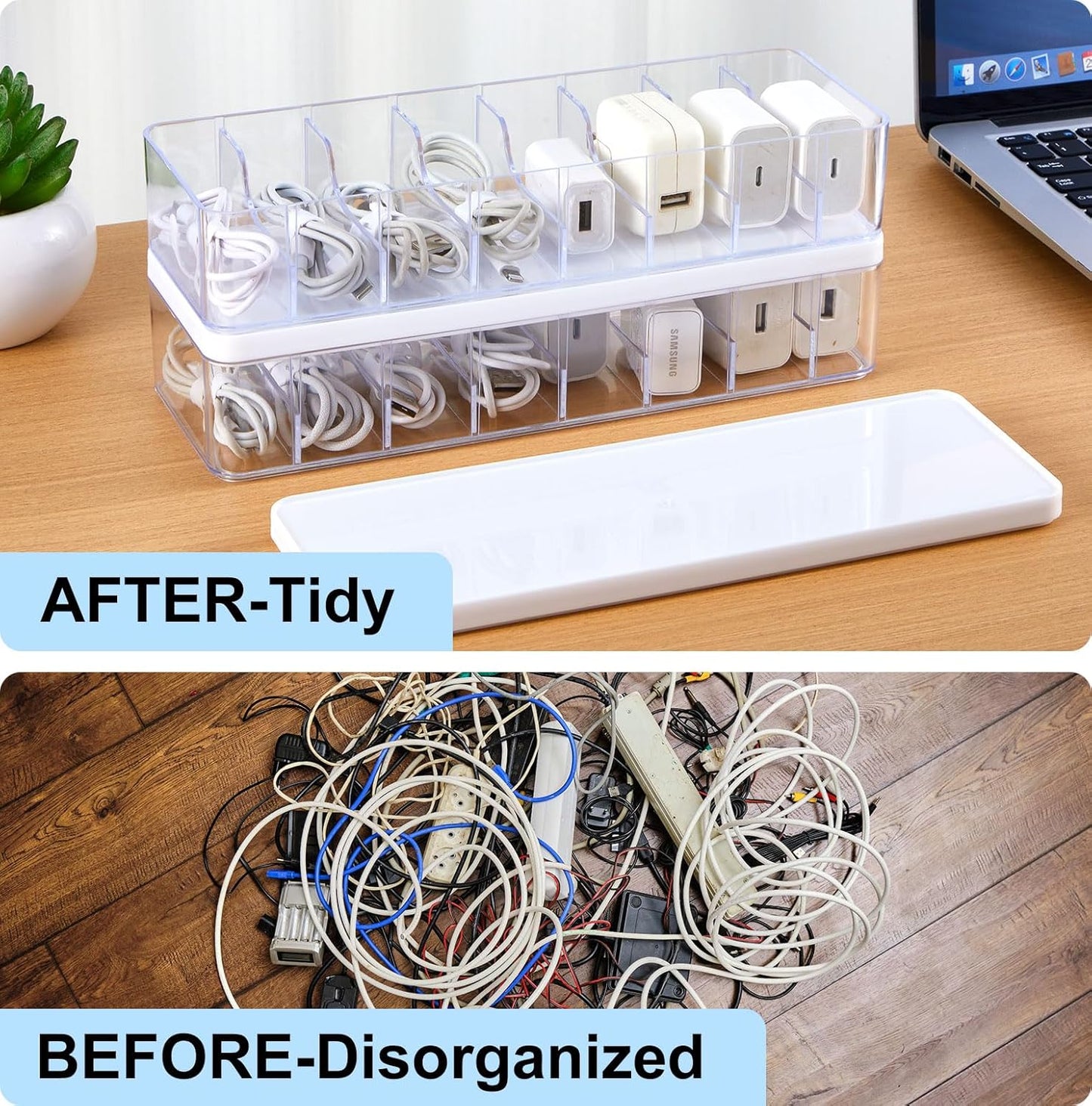 Tatuo 4 Pcs Cable Organizer Box with Wire Ties, Plastic Cord Storage Box with Lid, Electronics Organizer for Home Office Desk Organizers and Accessories (Clear,White)