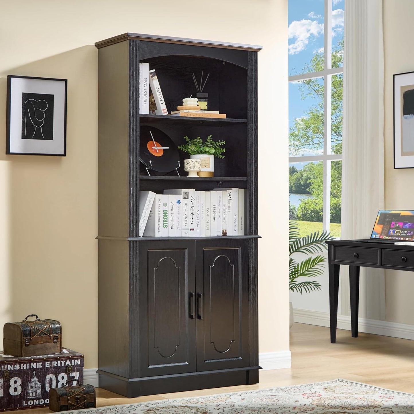 Black 5 Tier Book Shelf and Bookshelf with Storage Cabinet Doors, 72 Inch Tall Bookcase, Wooden Cube Storage Organizer, Kids Bookshelf, Display Cabinet for Bedroom Furniture, Living Room, Pantry