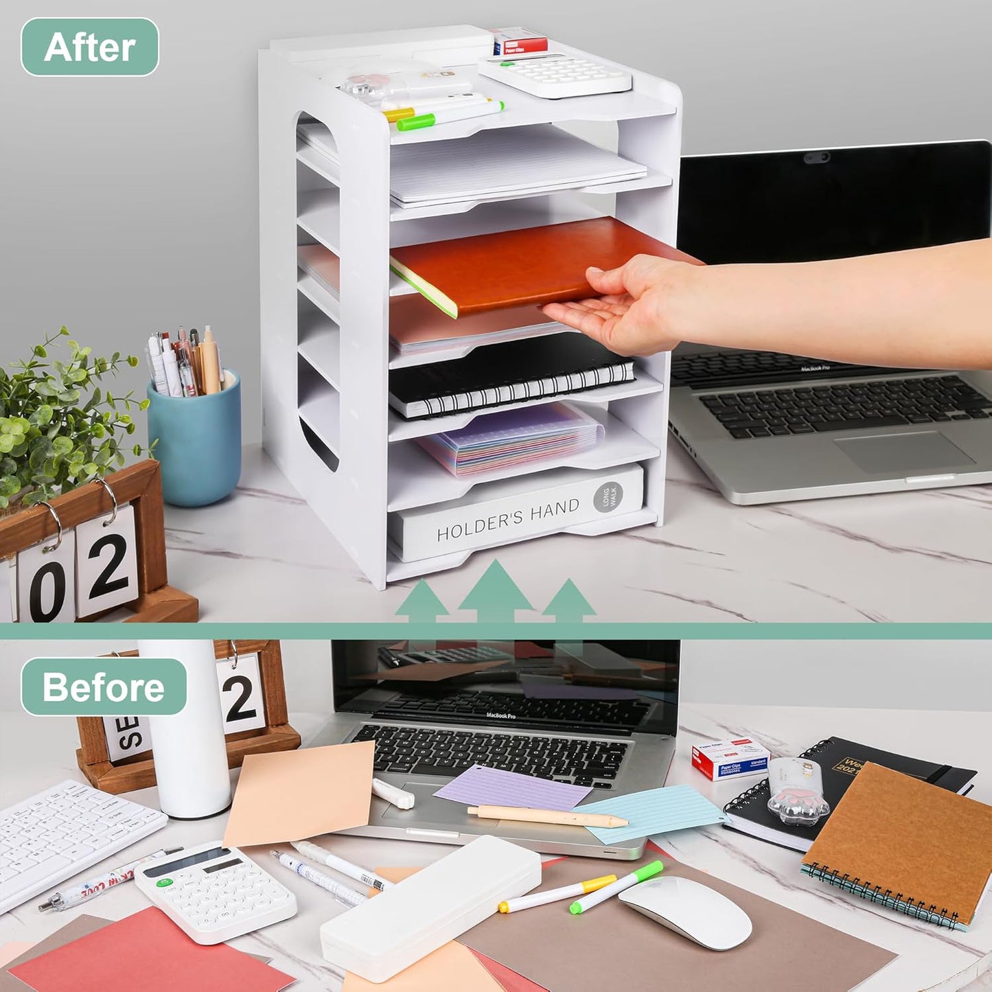 Paper Organizer Storage for Desk, 7 Tier Construction File Organizer Paper Sorter, Desktop Document Storage Holder for Home Office School, White