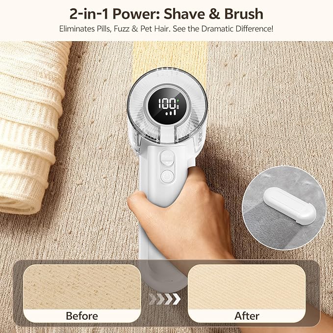 Rechargeable Fabric Shaver, 2-in-1 Lint Remover for Clothing, Furniture, Sweater with 6-Blade, 200ml Container, LED Display, 2000mAh USB-C, 3-Speed Lint Shaver Eliminates Fuzz & Pilling