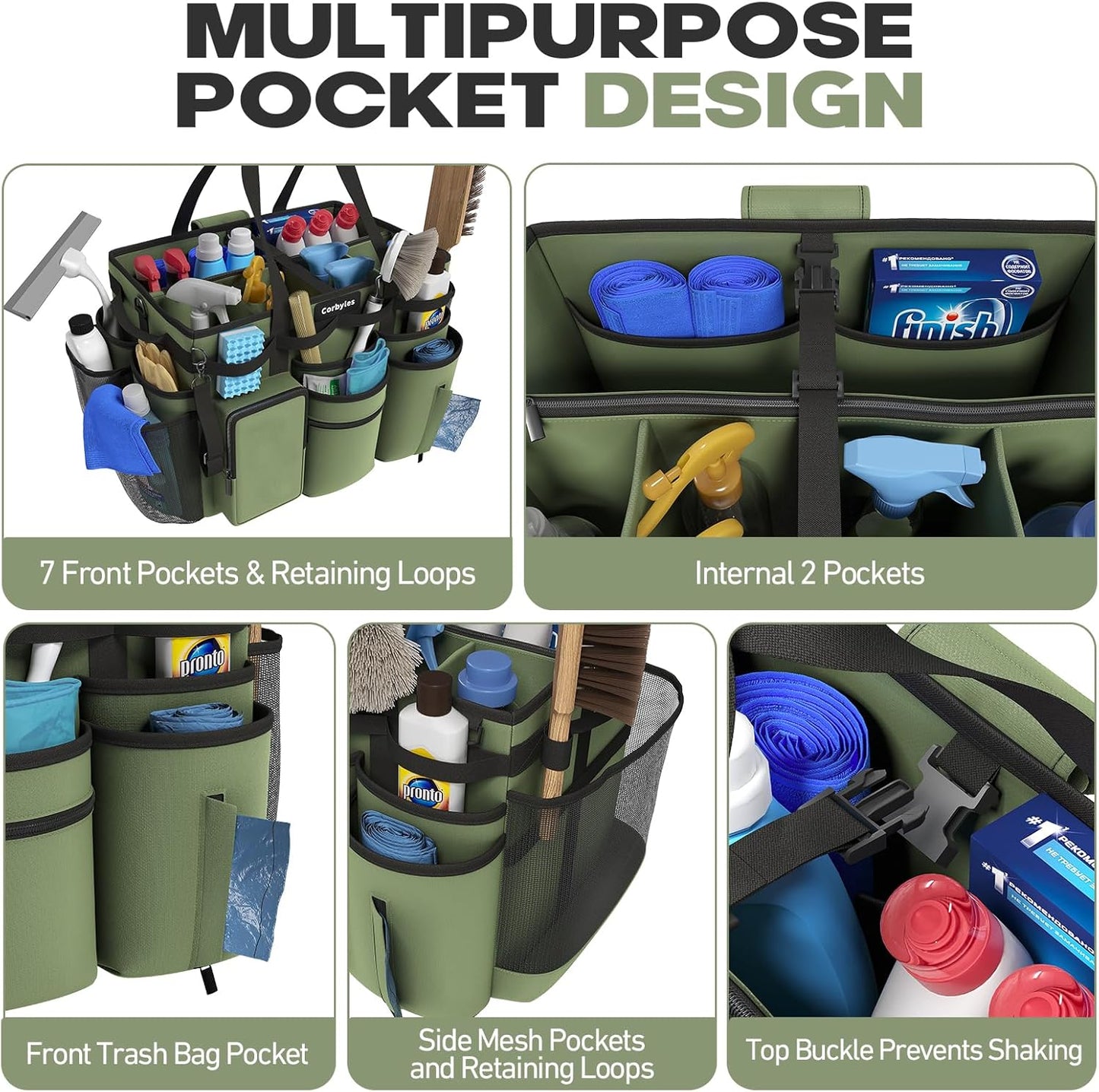 Rolling Cleaning Caddy Bag with Detachable Trolley, Cleaning Supplies Organizer Cart on Wheels, Cleaning Supply Caddy for Housekeepers, Large Professional Detailing Bag Tote for Home, Car (Green)