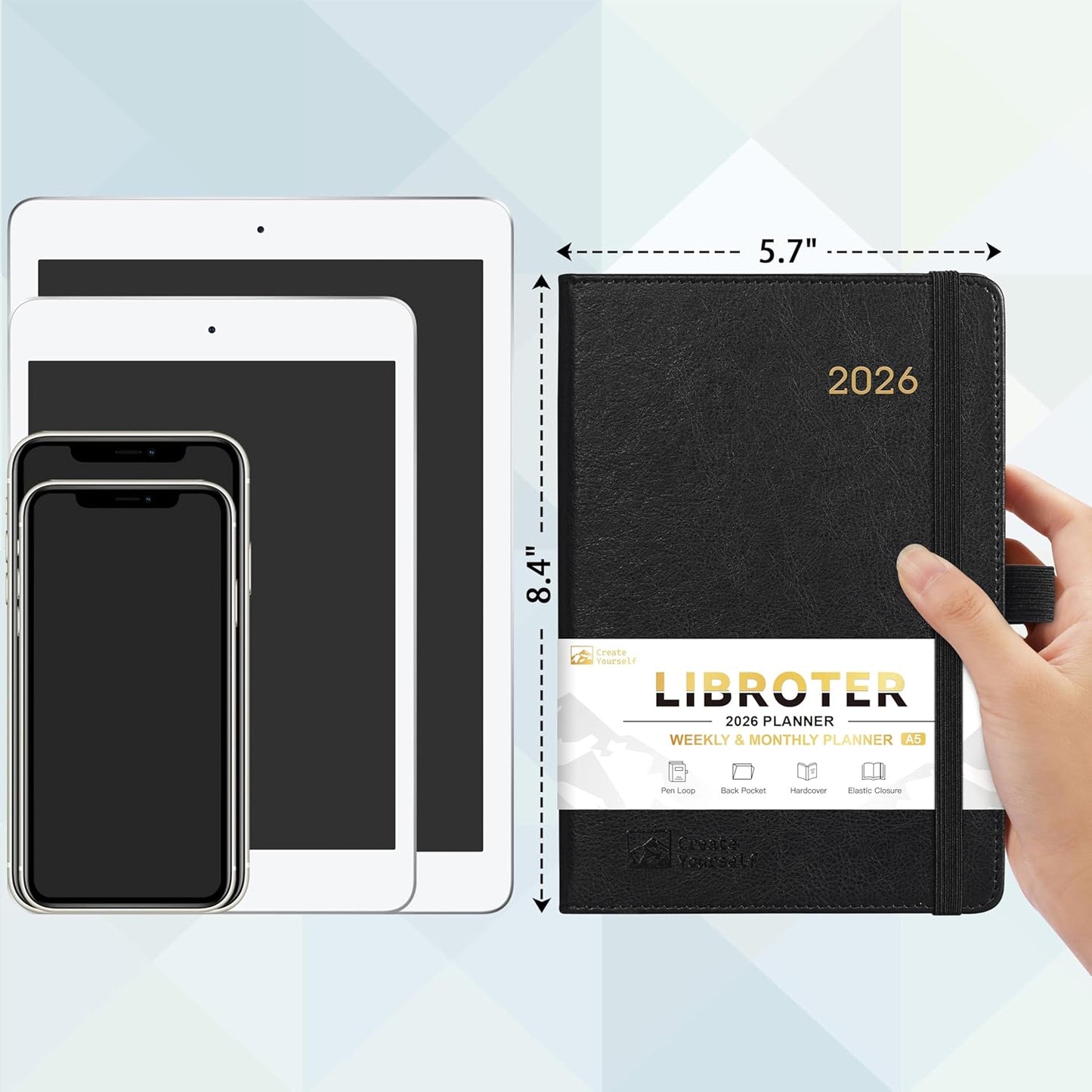 2026 Planner - Planner 2026, 2026 Weekly Monthly Planner, Jan.2026 - Dec.2026, 5.7'' x 8.4'', Thick Paper, Leather Cover, Pen Holder, Back Pocket, Bookmarks, Perfect Daily Organizer - Black