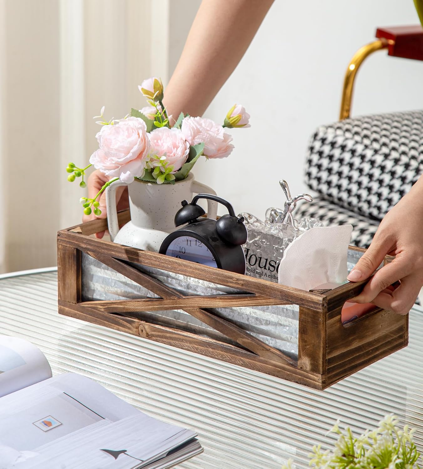 Wooden Toilet Tank Basket, Rustic Bathroom Decor Box, Farmhouse Toilet Paper Organizer Holder, Decorative Bathroom Storage Basket, Barn Door (Brown)