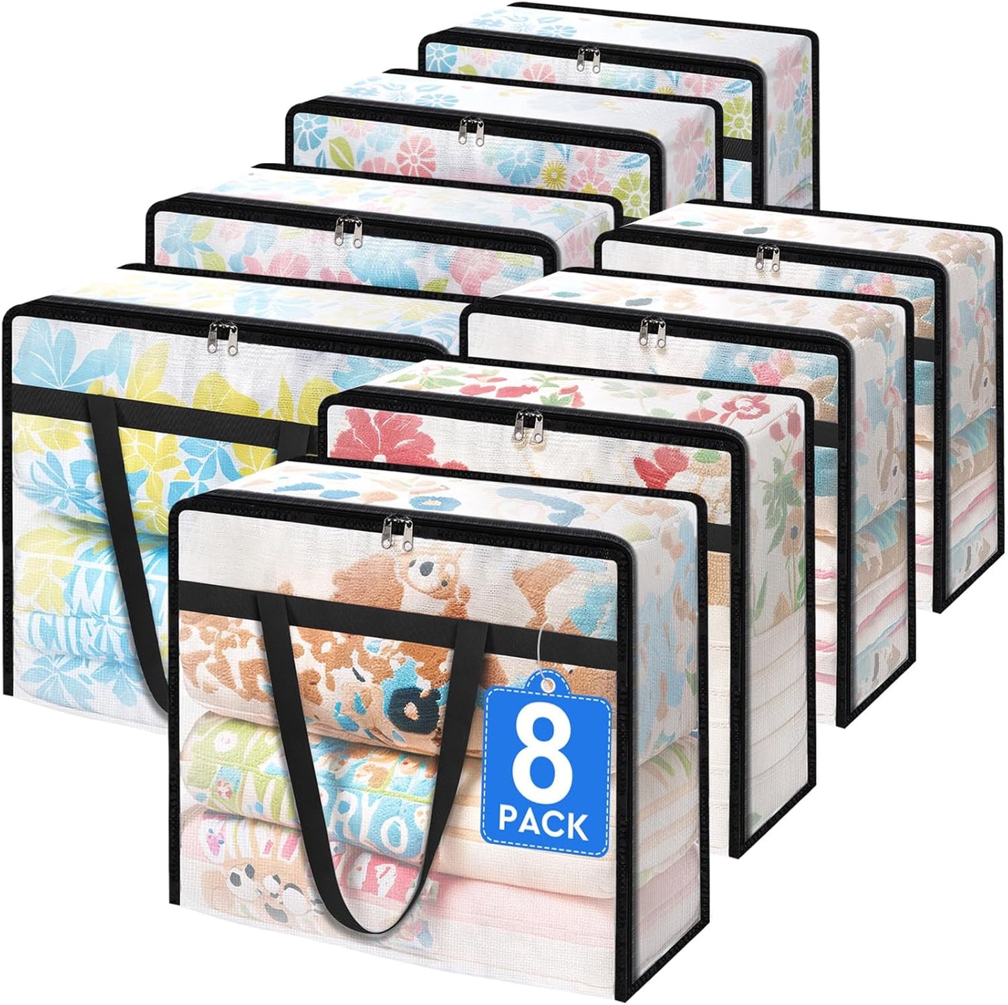 8 Pack Clear Storage Bags for Comforter, Clothes & Bedding, Plastic Blanket Storage with Zipper and Handle, Moving Bags, Closet Organizer and Under-Bed Storage (60L)