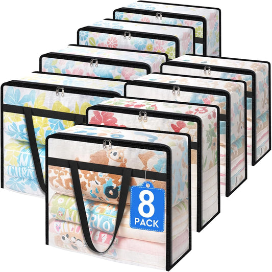 8 Pack Clear Storage Bags for Comforter, Clothes & Bedding, Plastic Blanket Storage with Zipper and Handle, Moving Bags, Closet Organizer and Under-Bed Storage (60L)