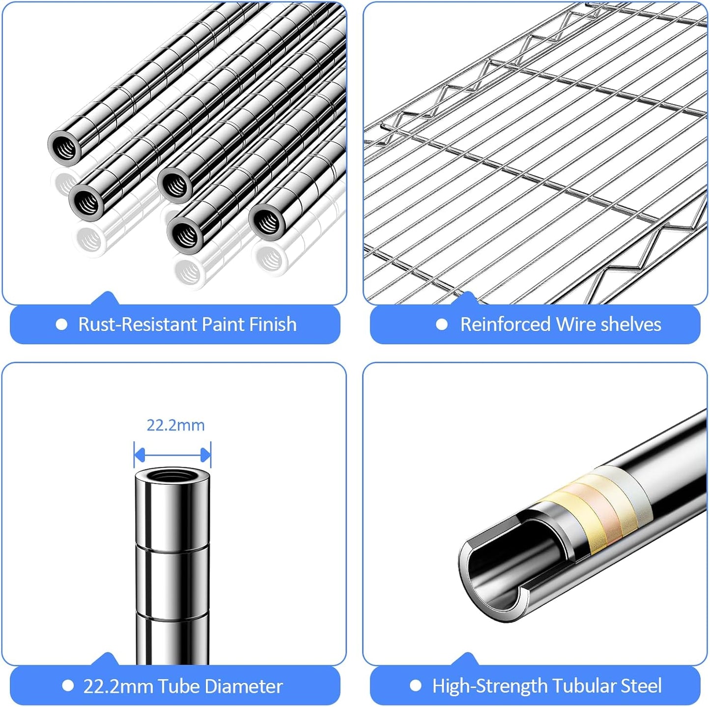 IZEUK 5-Tier Storage Shelving Unit with Wheels, Adjustable Heavy Duty Steel Wire Rack Organizer (Chrome, 17.7" D x 47.2" W x 76.7" H, 1750 lbs Capacity) for Garage, Kitchen, Pantry, Laundry