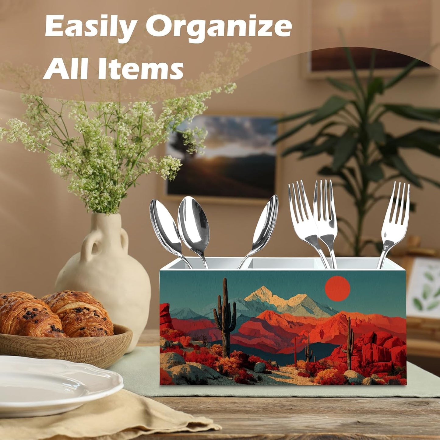 DILSJ Western Boho Pen Pencil Holder Organizer for Desk, Boho Office Decor, Western Mountain Desert Cactus Landscape Wooden Box Signs for Home Office Desk Tabletop Decoration