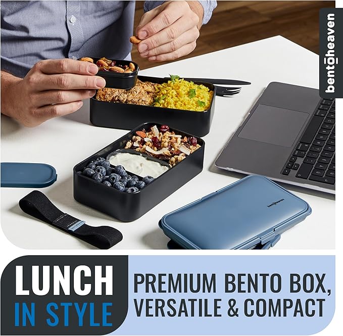 Bentoheaven Premium Bento Box Adult Lunch Box with Compartments for Women & Men, Set of Utensil & Chopsticks & Dip Container, Cute Japanese Kids Bento Lunch Box, Microwavable (Steel My Heart)