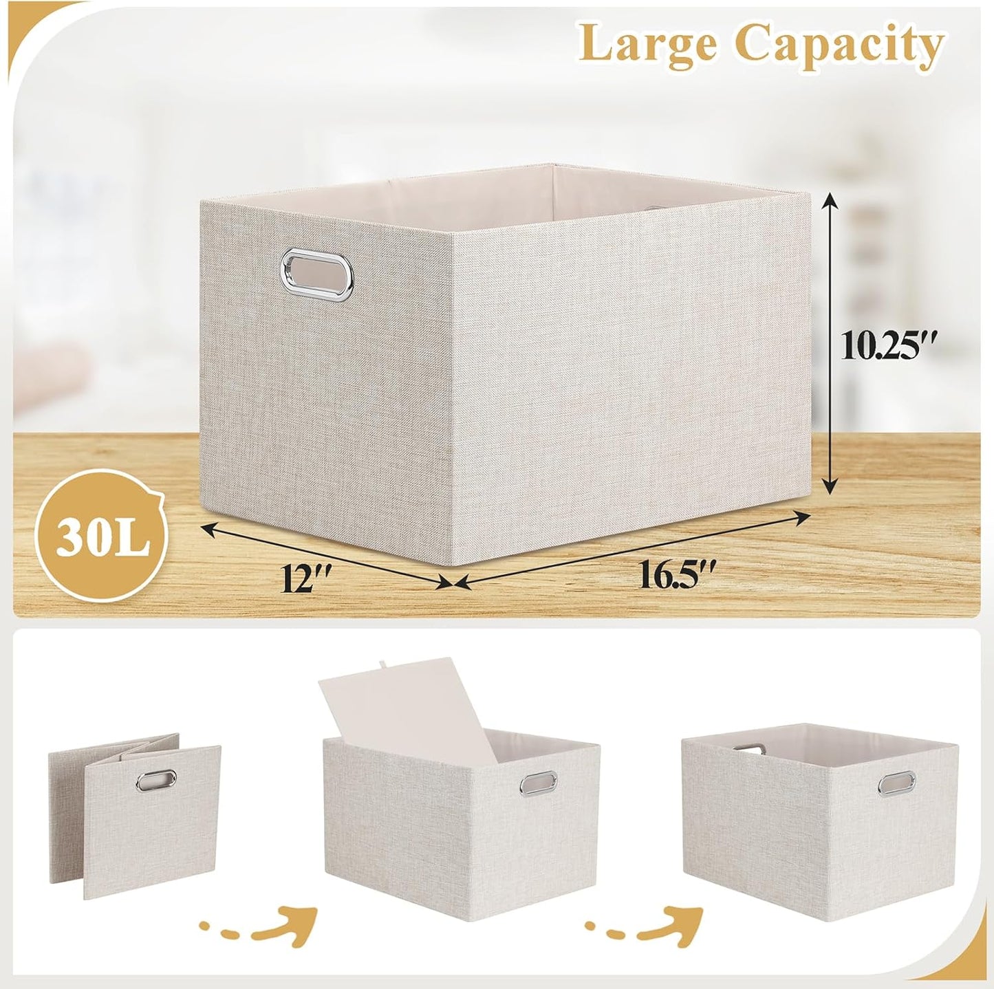 Posprica Closet Storage Bins, 4 Pack Large Closet Shelf Organizers, Linen Fabric Decorative Storage Baskets for Organizing, Foldable Storage Box for Clothes, Toy, 16.5x12x10.25 Inch (Beige)